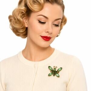 Vintage 1950s Green Rhinestone Butterfly Brooch Gold Tone Pin